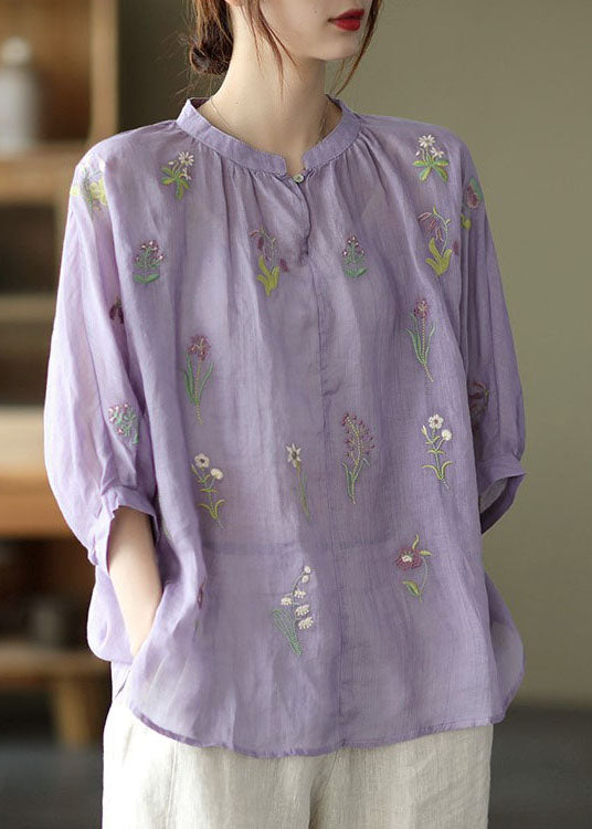 French Orange Low High Design O-neck Embroideried Linen Tops Half Sleeve