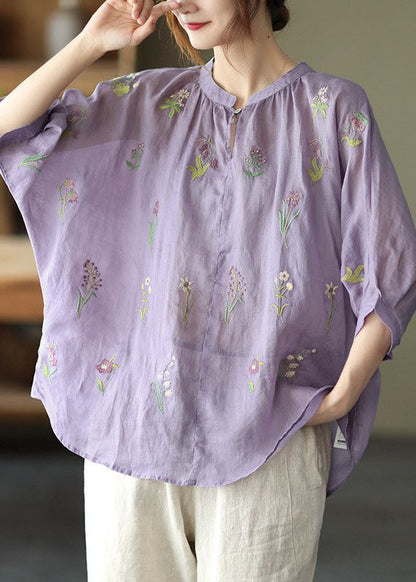 French Orange Low High Design O-neck Embroideried Linen Tops Half Sleeve