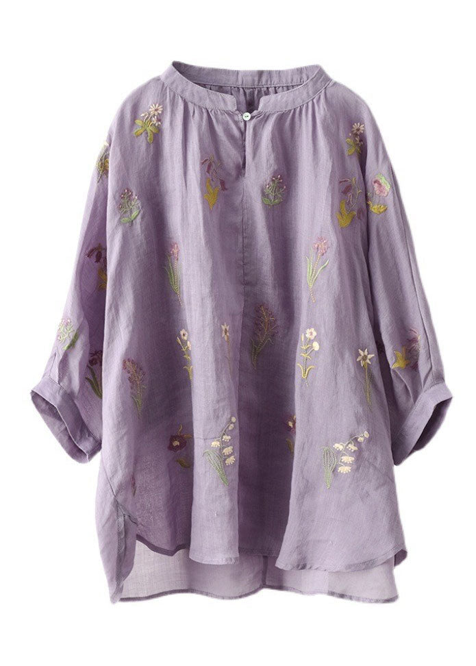 French Orange Low High Design O-neck Embroideried Linen Tops Half Sleeve