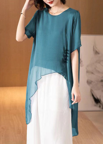 French Peacock Blue O-neck Asymmetrical Patchwork Chiffon Shirts Tops Summer