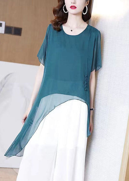 French Peacock Blue O-neck Asymmetrical Patchwork Chiffon Shirts Tops Summer