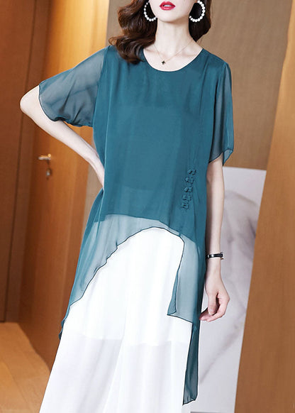French Peacock Blue O-neck Asymmetrical Patchwork Chiffon Shirts Tops Summer