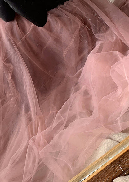 French Pink Asymmetrical Wrinkled Tulle Skirt Winter