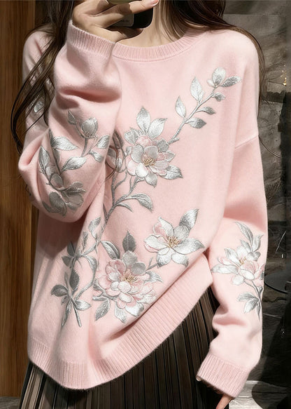 French Pink Embroidered Knit Cozy Sweaters Winter