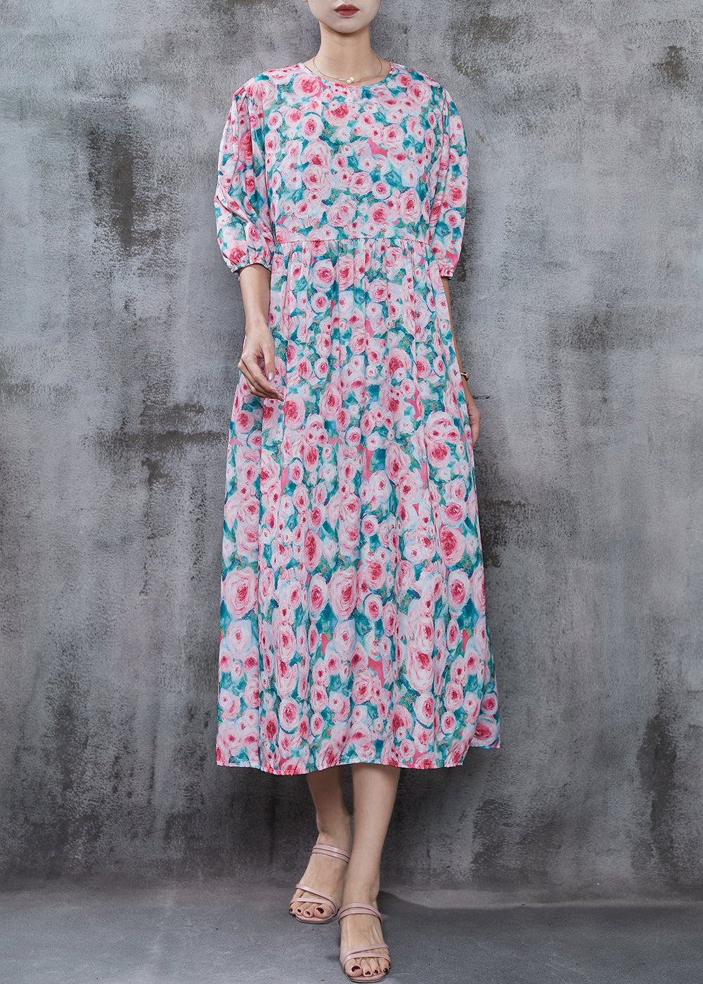 French Pink Print Cotton Long Dress Summer