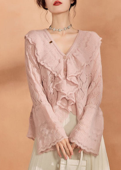 French Pink Hollow Out Button Knit Cardigan Long Sleeve