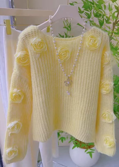 French Pink O Neck Decorated Knit Pullover Spring