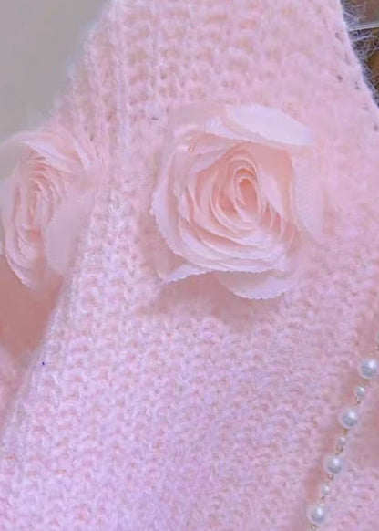 French Pink O Neck Decorated Knit Pullover Spring