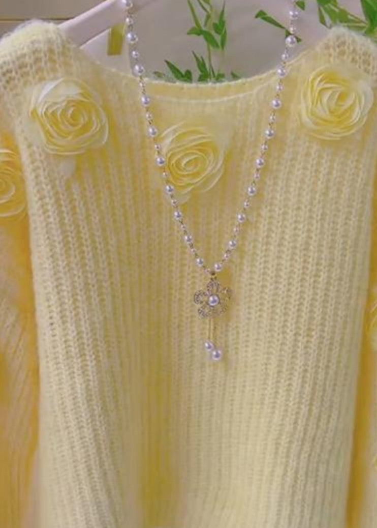 French Pink O Neck Decorated Knit Pullover Spring