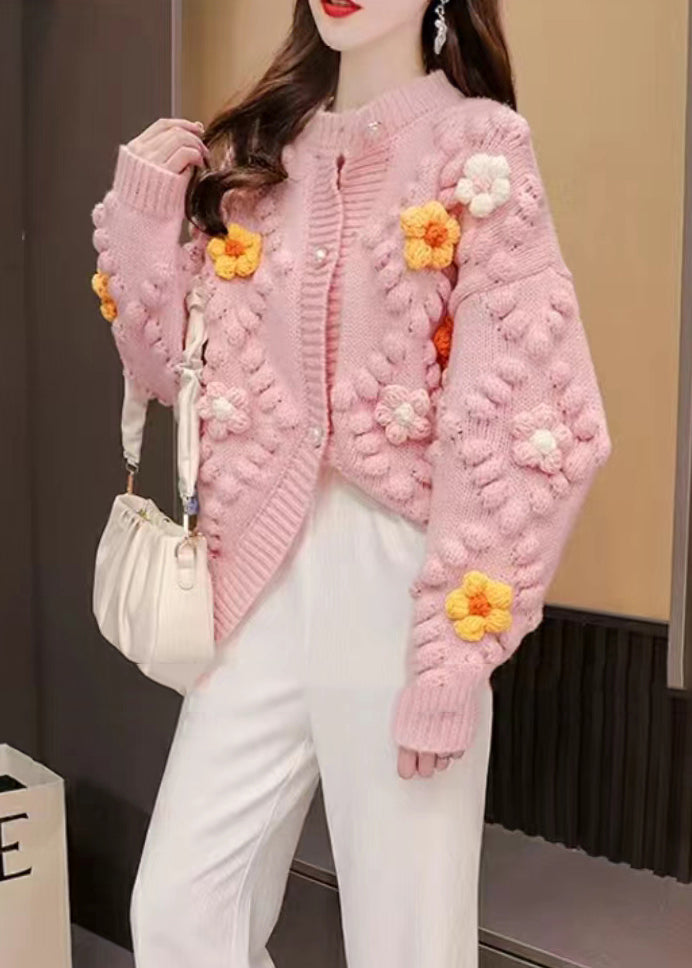 French Pink O Neck Patchwork Knit Cardigan Fall