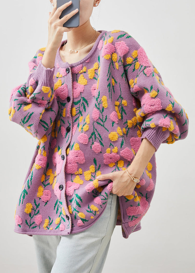 French Pink O-neck Jacquard Knit Cardigans Winter