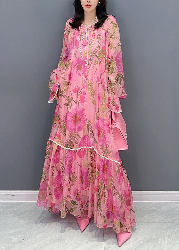 French Pink O-neck Print Nail Bead Holiday Chiffon Long Dress Summer