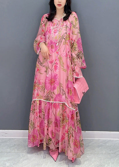 French Pink O-neck Print Nail Bead Holiday Chiffon Long Dress Summer