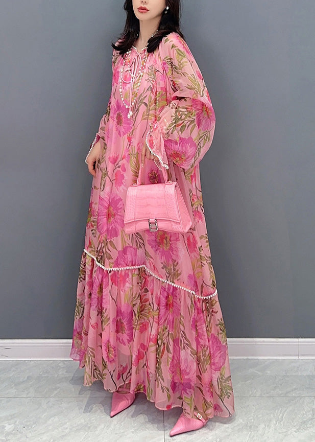 French Pink O-neck Print Nail Bead Holiday Chiffon Long Dress Summer