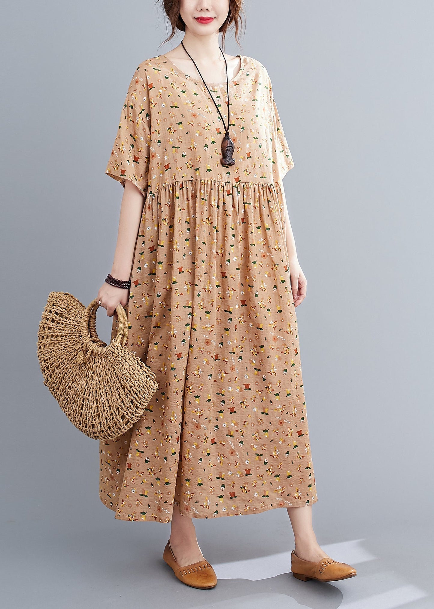 French Pink Orange O-neck Wrinkled Print Cotton Loose Dresses Short Sleeve