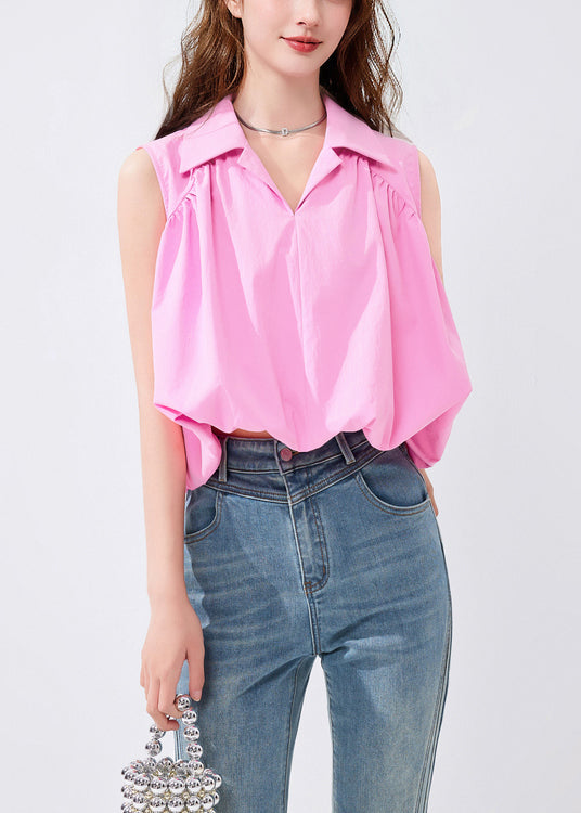 French Pink Peter Pan Collar Cotton Shirt Sleeveless