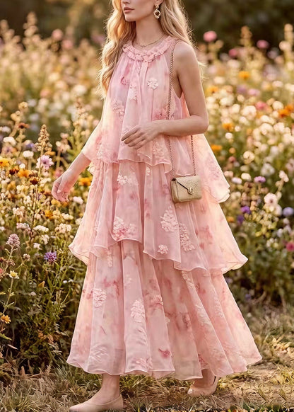 French Pink Ruffled Patchwork Chiffon Maxi Dresses Summer