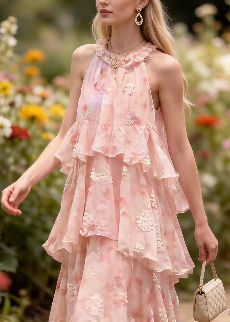 French Pink Ruffled Patchwork Chiffon Maxi Dresses Summer