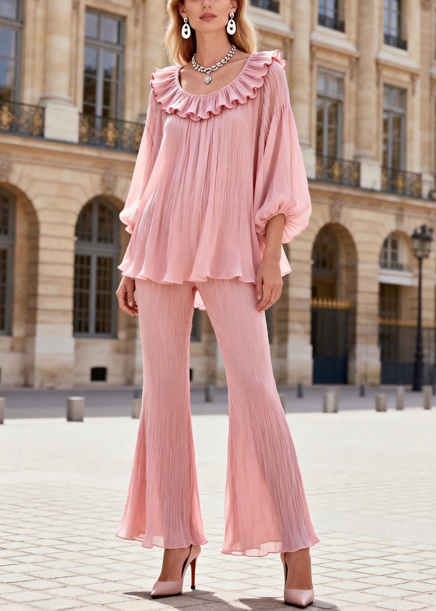 French Pink Ruffled Patchwork Chiffon Shirts and Flared Trousers Two Pieces Set Lantern Sleeve