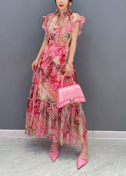 French Pink Ruffled Print Chiffon Dress Two Pieces Set Summer