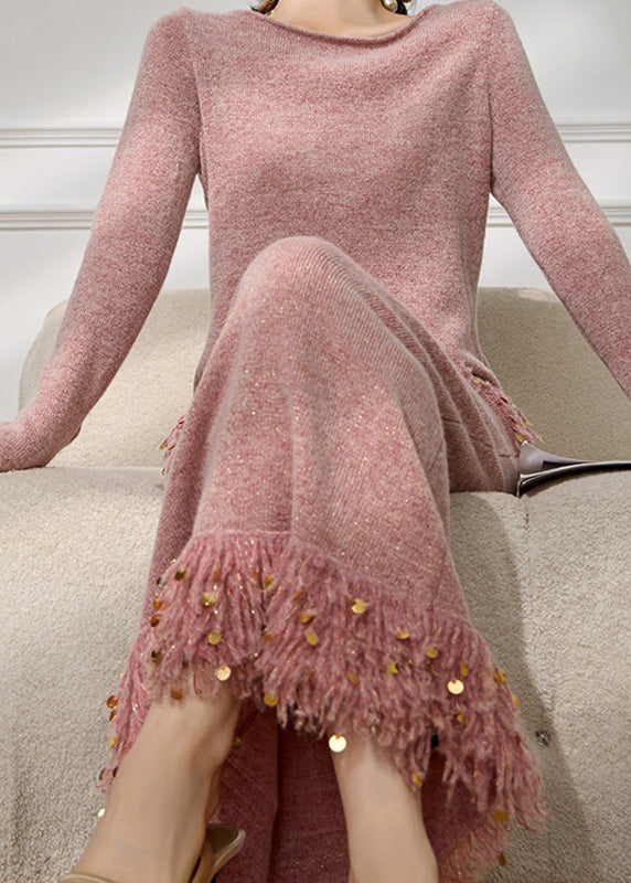 French Pink Sequins Patchwork Tassel Cotton Knit Sweater and Maxi Skirts Two Pieces Set Flare Sleeve