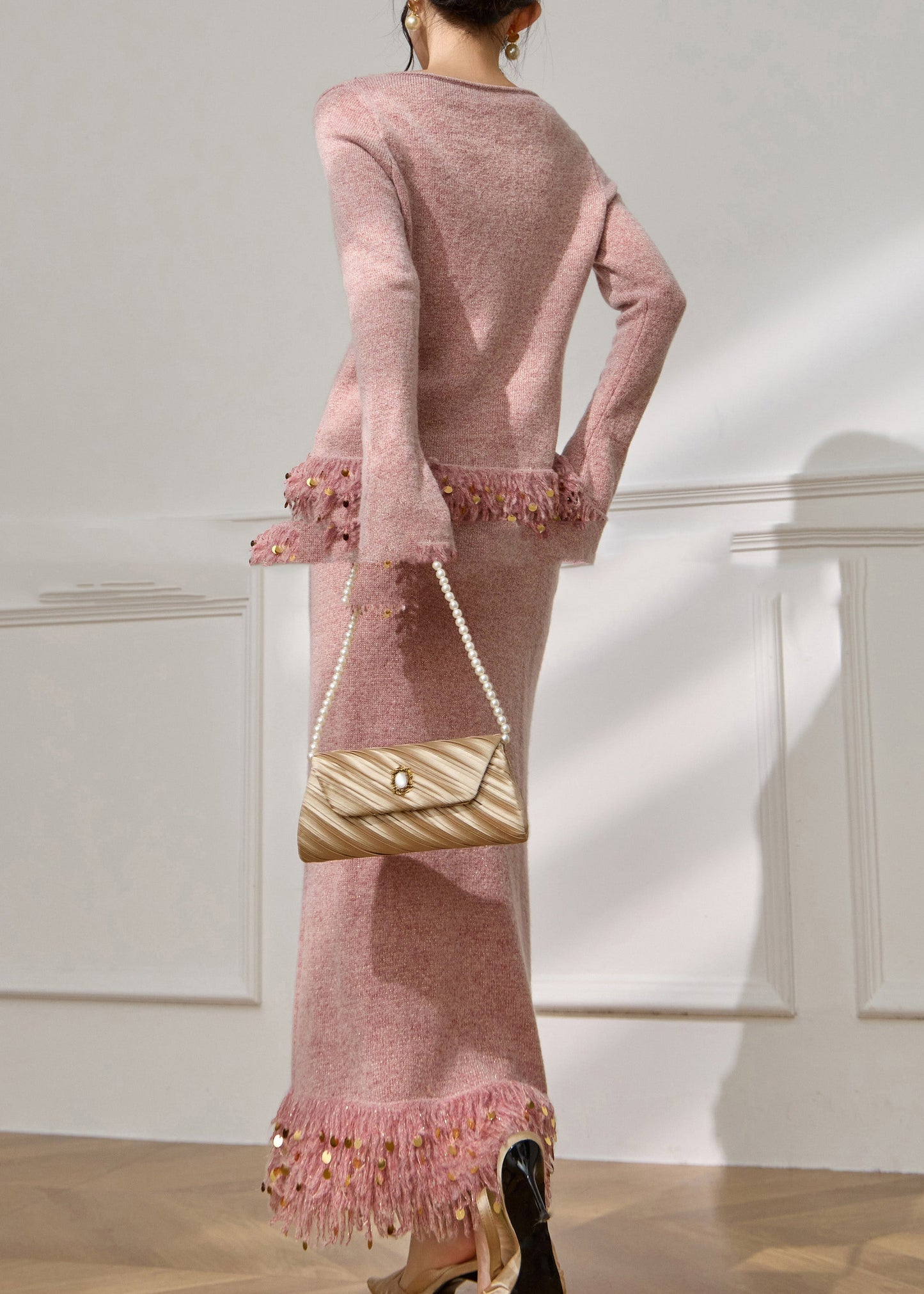 French Pink Sequins Patchwork Tassel Cotton Knit Sweater and Maxi Skirts Two Pieces Set Flare Sleeve