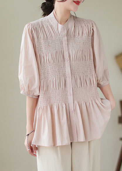 French Pink Stand Collar Wrinkled Cotton Shirt Top Half Sleeve