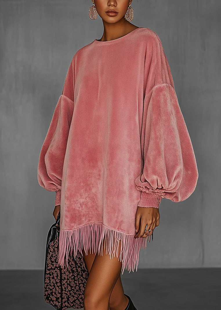 French Pink Tassel Patchwork Velvet Mid Dress Lantern Sleeve