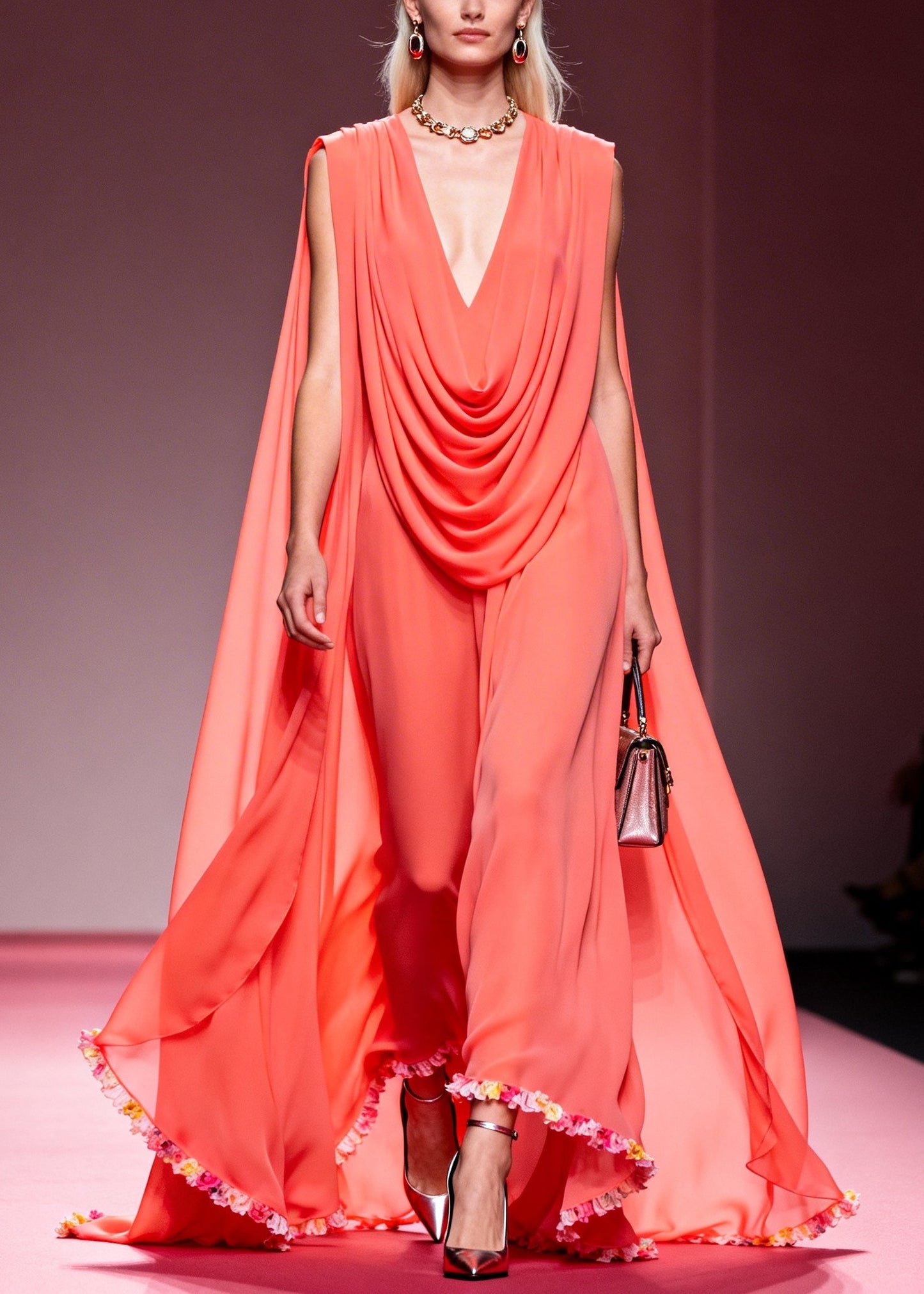 French Pink V Neck Wrinkled Exra Large Hem Chiffon Party Dress Summer