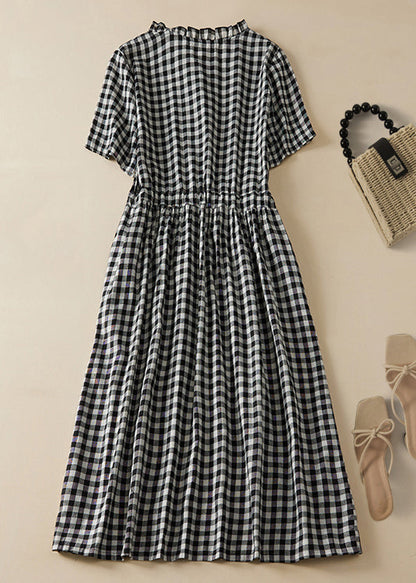 French Plaid Ruffled Lace Up Cotton Shirts Dresses Summer