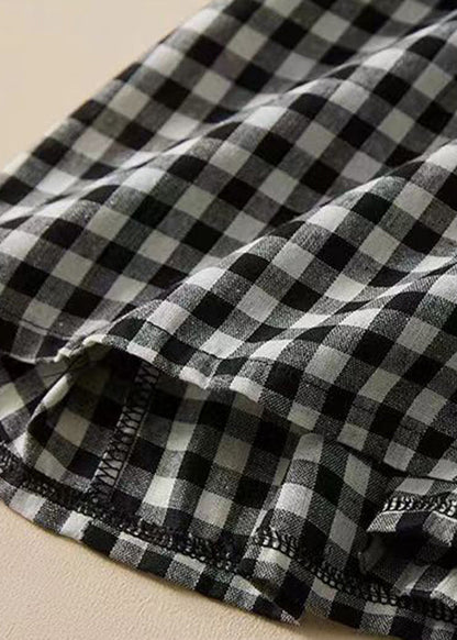French Plaid Ruffled Lace Up Cotton Shirts Dresses Summer