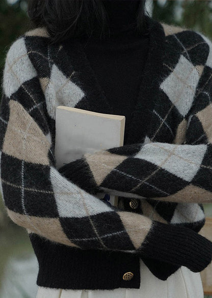 French Plaid V Neck Button Knit Coats Long Sleeve
