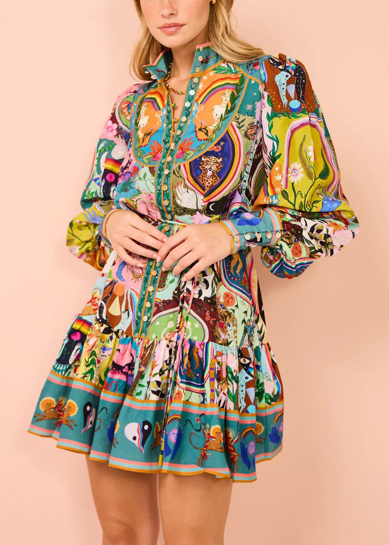 French Print Button Tie Waist Cotton Mid Dress Spring