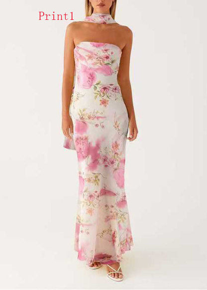 French Print Chiffon Strapless Maxi Dresses Sleeveless