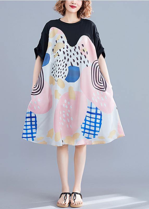 French Print Dress O Neck Short Sleeve Summer Dress