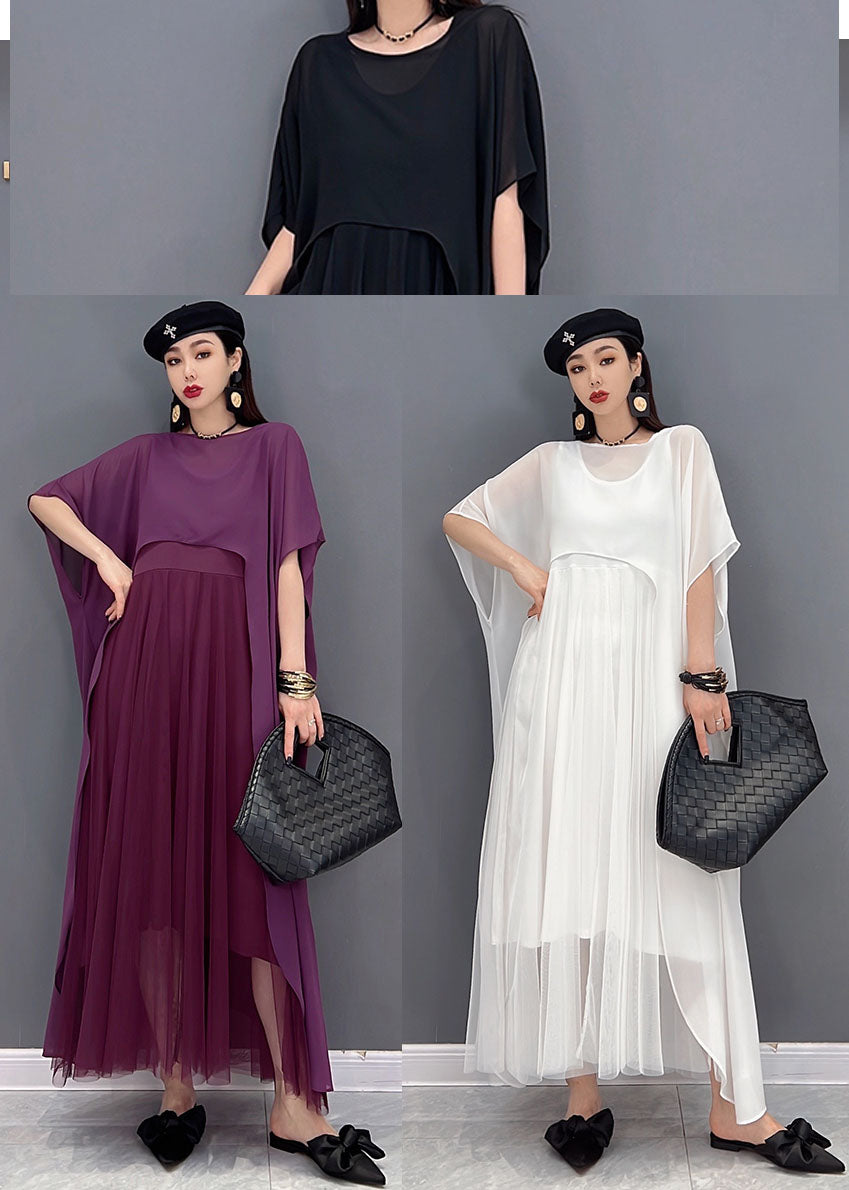French Purple Asymmetrical Design Chiffon Dress and Cloak Two Pieces Set Summer