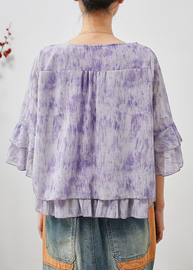 French Purple Embroidered Tie Dye Chiffon Shirts Flare Sleeve