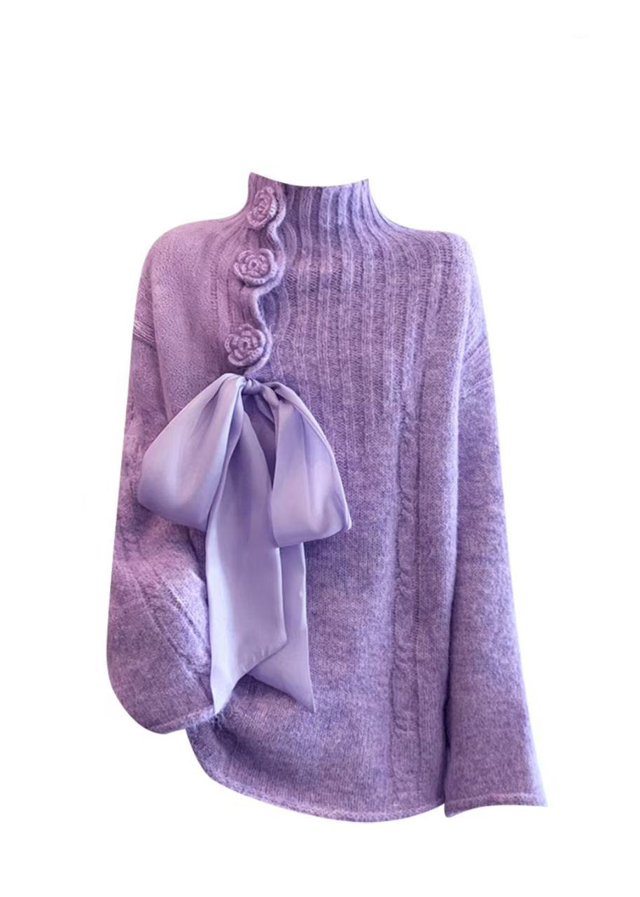 French Purple Hign Neck Knit Sweaters Winter