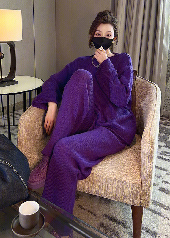 French Purple O Neck Knit Sweaters and Pants Two Pieces Set Fall