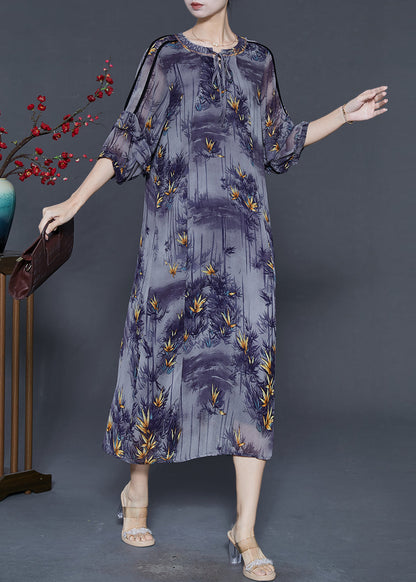 French Purple O-neck Print Chiffon Dresses Bracelet Sleeve