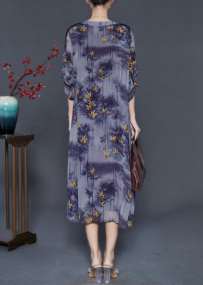 French Purple O-neck Print Chiffon Dresses Bracelet Sleeve