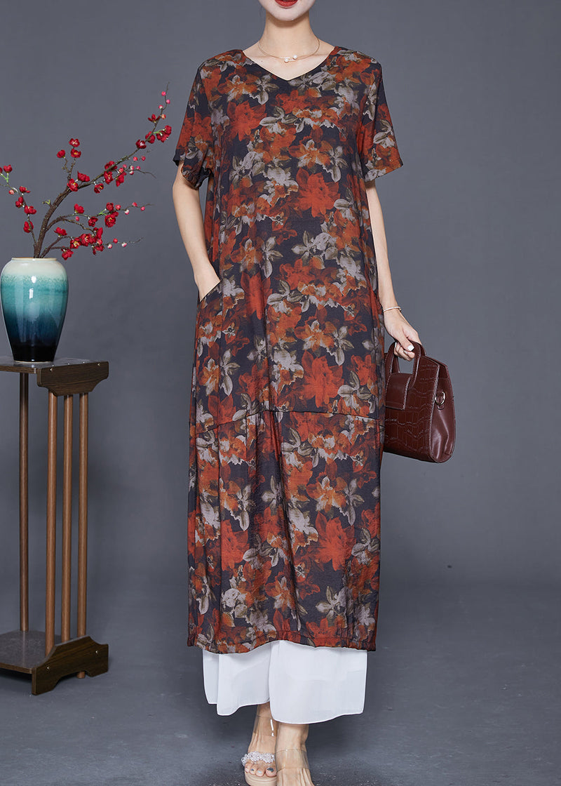 French Red Patchwork Linen Straight Dress Summer