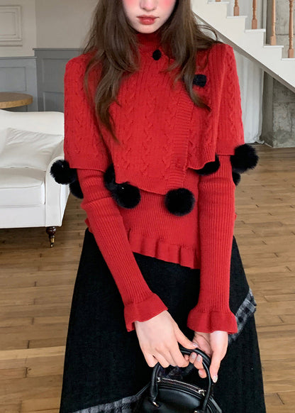 French Red Fuzzy Ball Decorated Cotton Knit Cloak and Sweaters Two-piece Set Spring