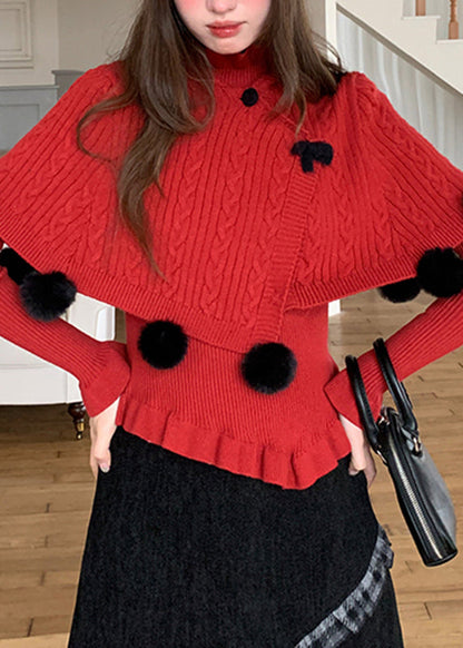 French Red Fuzzy Ball Decorated Cotton Knit Cloak and Sweaters Two-piece Set Spring