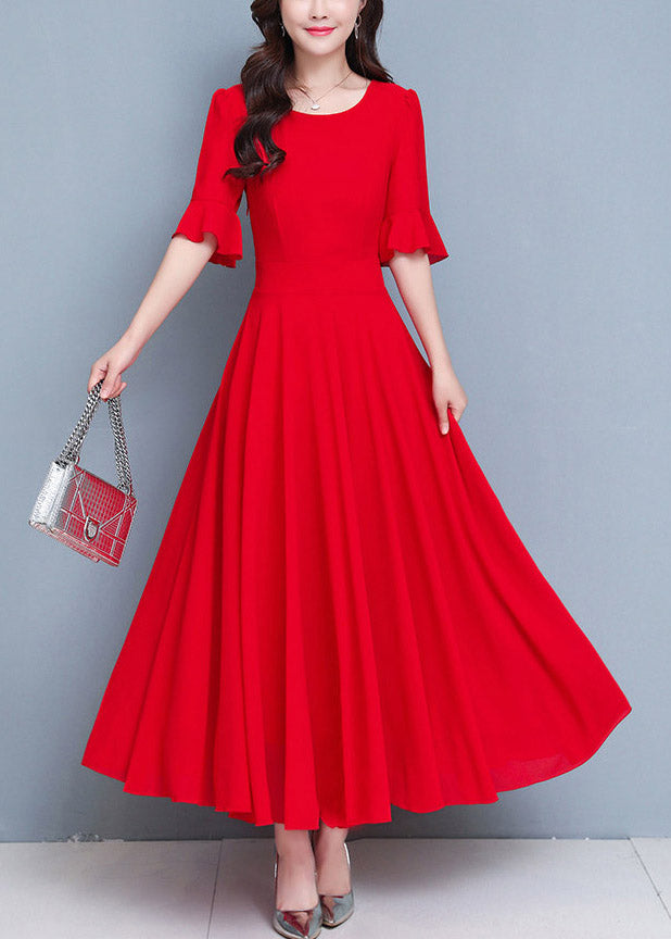 French Red O-neck Patchwork High Waist Maxi Dress Summer