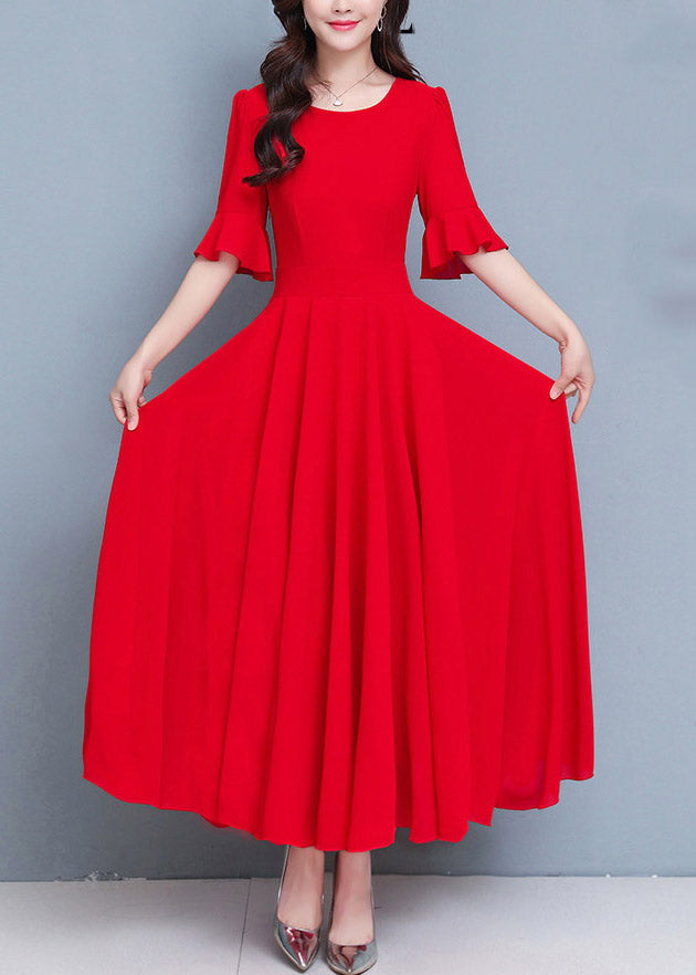 French Red O-neck Patchwork High Waist Maxi Dress Summer