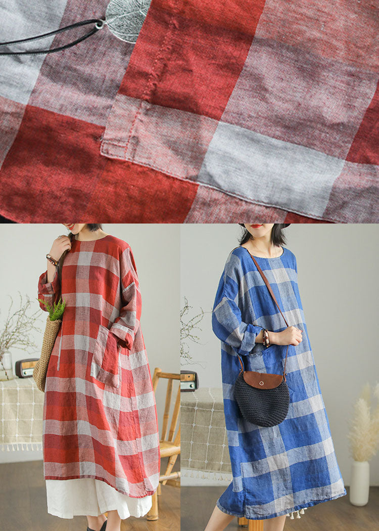 French Red O-neck Pockets Linen Fall Robe Dresses
