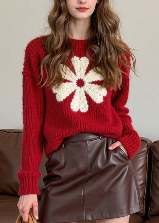 French Red O Neck Thick Knit Sweaters Winter