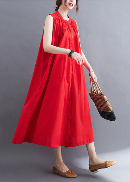 French Red O-neck Wrinkled Cotton a Line Dresses Sleeveless