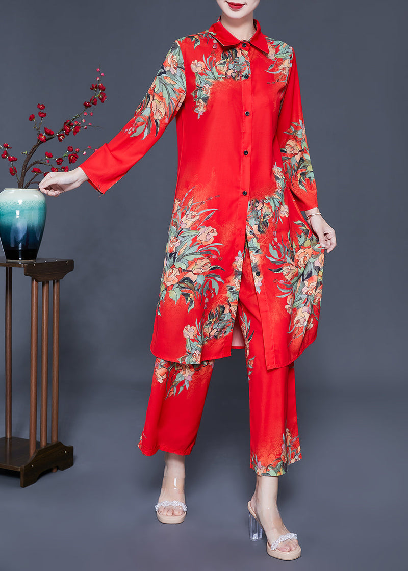 French Red Peter Pan Collar Print Chiffon Sets 2 Pieces Summer